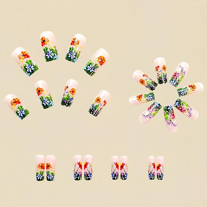 Flower Press on Nails Medium Square Fake Nail with Flower Designs Colorful Flowers Acrylic Nail Nude Pink Glossy Stick on Nails Floral False Nail for Women Girls 24Pcs