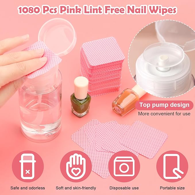 1080 + 3 Pcs Lint Free Nail Wipes Kit, Disposable Nail Polish Remover Pads Non-Woven Nails Eyelash Extensions Wipes, Nail Polish Remover Wipes with 200 ML Bottle, 2 Pcs Cuticle Pusher (Pink)