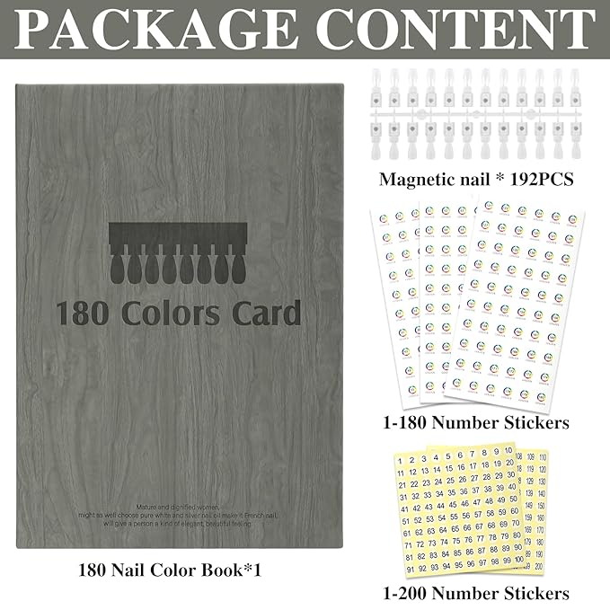 180 Magnetic Nail Color Book,Leather Magnetic Color Display Book with 192 Magnetic Tips & 1-180 Number Labels,Perfect for Nail Polish Nails Art Design(Grey)
