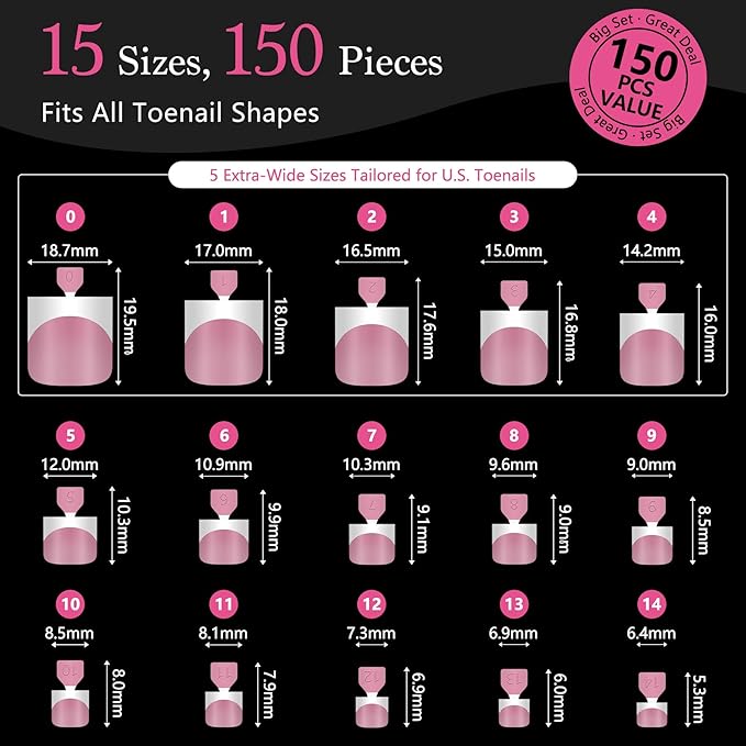 Toe Nails Press On French Tips for Women, 15 Sizes 150 Pcs Sharp Square Pre-applied Primer & Base Coat Toenail Press Ons Baby Pink Full Cover Fake Tips Extension, Builder Nail Gel & Top Coat Required