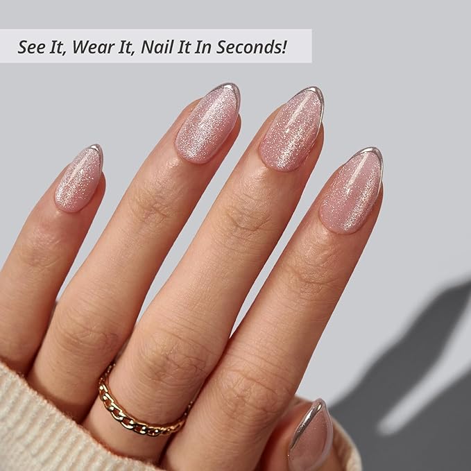 BTArtbox Press On Nails Almond - Blush Icicle, Lamp-Curable Cat Eye 3D Silver French Tip Short Press On Nails with Glue and Adhesive Tabs for Women in 16 Sizes - 32 Soft Gel Glue On Nails Kit