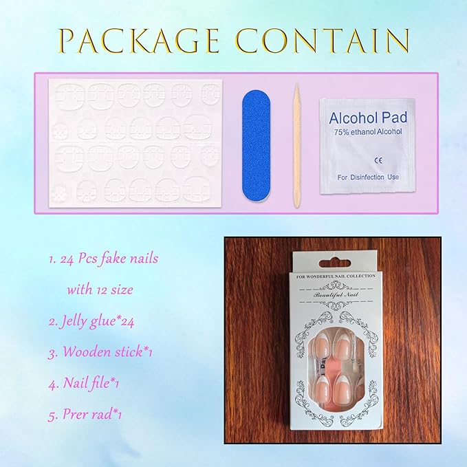Press on Nails Short Almond Fake Nails White French Tip Glue on Nails Glossy Acrylic Nails Press ons Pink Full Cover Artificial Stick on Nails for Women 24 Pcs