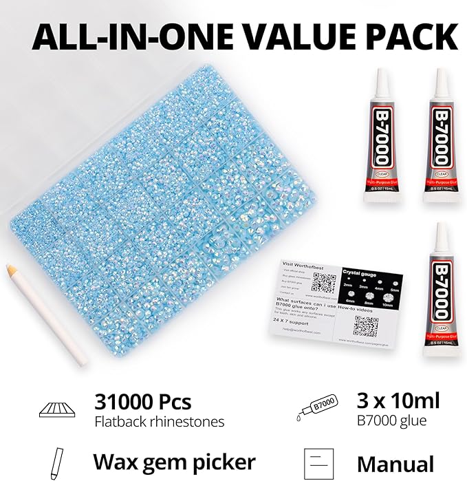 31000Pcs Light Blue Resin Rhinestones for Bedazzling, 2-6mm Mixed Sizes Flatback Gems Crystal Jewels Diamonds Gemstones Stones with B7000 Glue for Crafting Clothes Crafts