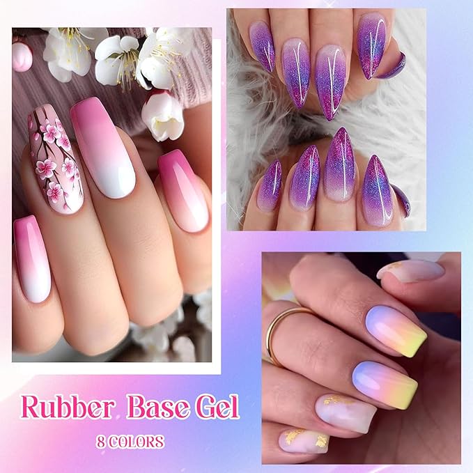 MEET ACROSS Color Changing Rubber Base Gel Nail Polish Set Pink Purple Red Builder Base Gel in a Bottle Hard Extension Gel Shimmer White Pink Cured for Nails at Home Salon DIY Beginner 12PCS