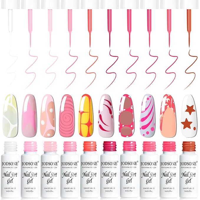 JODSONE Nail Art Gel Liner Set 10 Colors Pink Collection Gel Nail polish Need U V Lamp Cured at Home Salon Design Valentines Gifts for Women & Girls