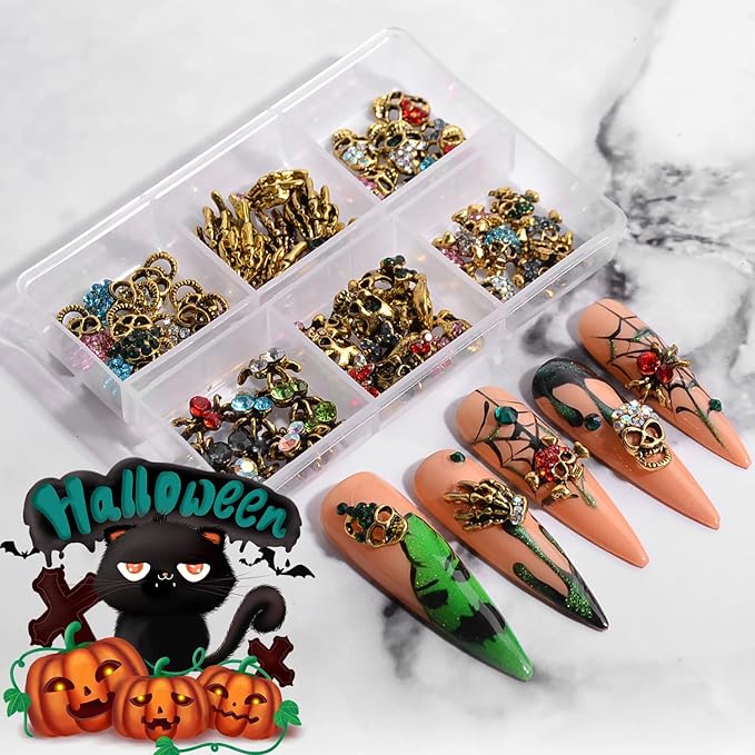 Halloween Nail Charms Rhinestones Decorations - 60Pcs/Box Multi Shape Halloween Nail Accessories Metal Punk Vintage Gold Nail Design for DIY Nail Art Craft