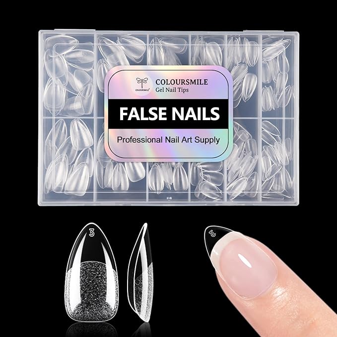 Short Almond Full Cover Nail Tips - 216pcs Pre-Shaped Gel Gelly Tips, 12 Sizes for Acrylic Nail Extension, Home DIY & Nail Salon