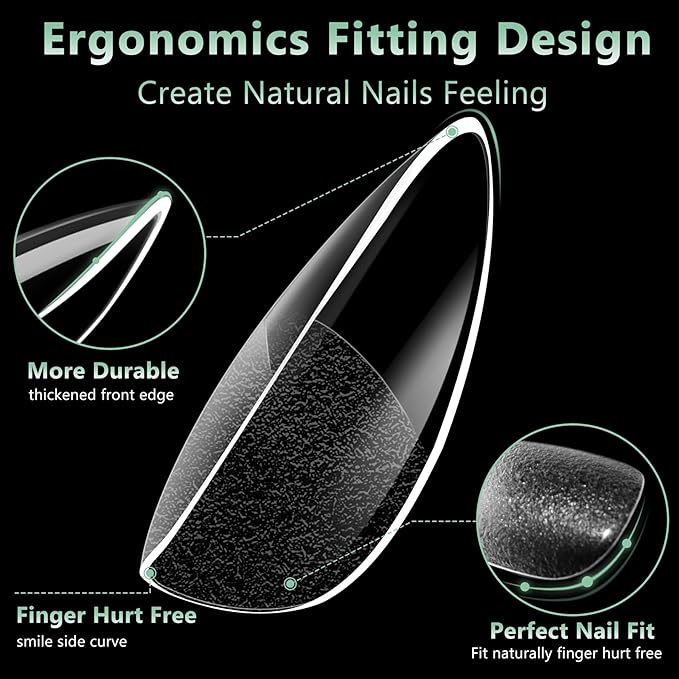 Medium Almond Nail Tips, 216pcs Acrylic Fake Nails Gel Nail Tips Soft, Full Cover Pre-Shaped Matte Clear Press on Nails for Extension, Diy at Home Manicure 12 Sizes
