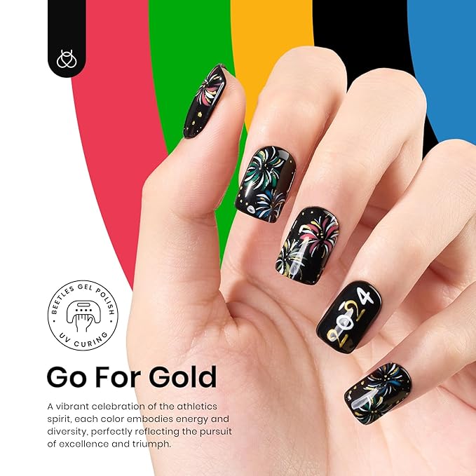 Beetles Gel Nail Polish Set with Golden Chrome, 8 Pcs Blue Green Black White Gel Polish Nails Set & Chrome Powder Double-ended Brush Soak off Uv Gift for Girls