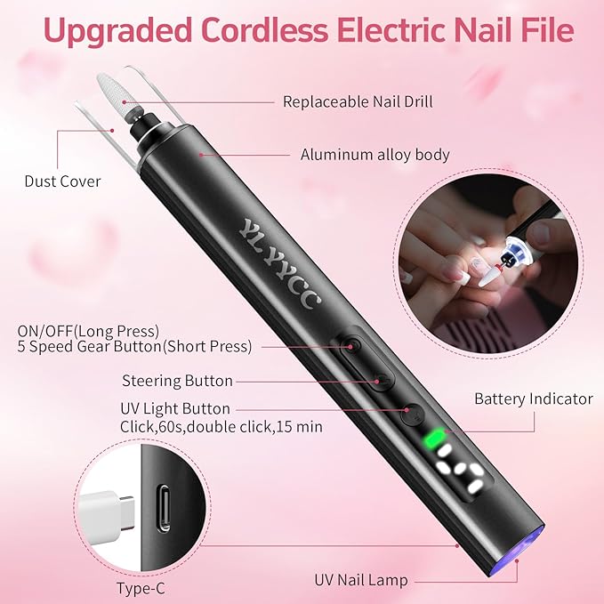 Cordless Nail Drill Electric File with UV Nail Lamp:Professional for Acrylic Gel Dip Powder Nails Portable Nail Drill Machine Kit for Manicure Pedicure Nail Set Rechargeable Lightweight (Black)