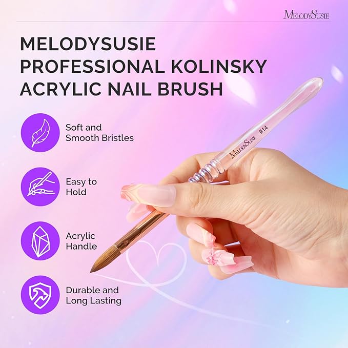 MelodySusie Kolinsky Acrylic Nail Brush, 80% Pure Kolinsky Hair, Professional Nail Brush for Acrylic Powder Nail Extension and 3D Nail Carving, Nail Art Tools for DIY Home Salon, Size 14
