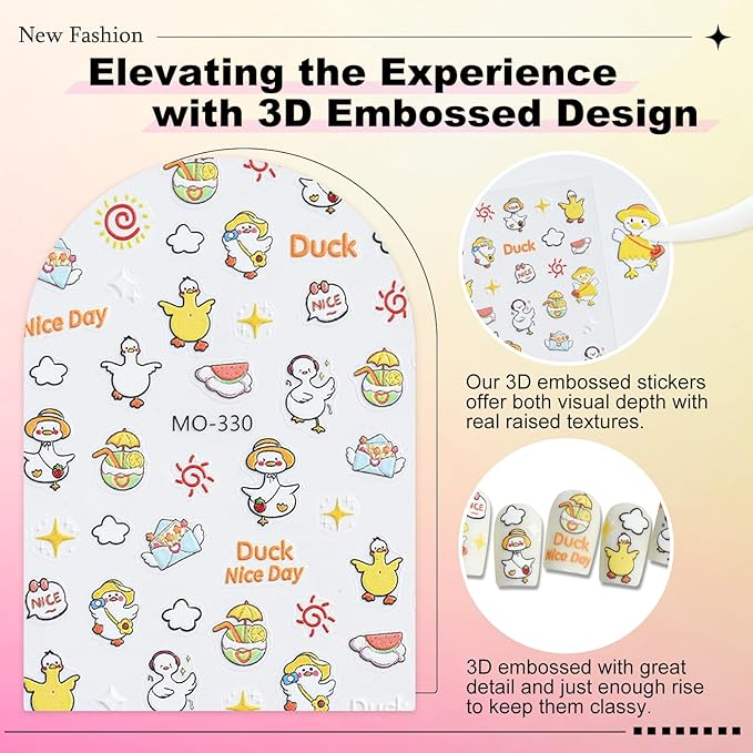 3 Sheets Duck Nail Stickers for Nail Art Cute Duck Designs 3D Self Adhesive Nail Decals for Women DIY Manicure Decoration YX1233