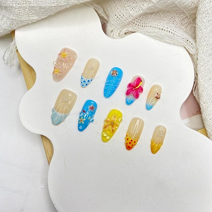 Handmade Press on Nails Summer Shell Press on Nails Medium Almond Fake Nails Flower French False Nails Starfish for Girls Manicure Art Decoration Accessories (Size S)