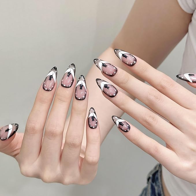 10 Almond Handmade Press On Nails | Delicate White Swirls, Tiny Sparkling Stars, Cute dot and Cat,New styles for Autumn & Winter | Skip Salon Trips, Easy to Apply & Remove, Reusable (nude2598, S)