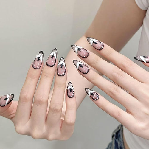 10 Almond Handmade Press On Nails | Delicate White Swirls, Tiny Sparkling Stars, Cute dot and Cat,New styles for Autumn & Winter | Skip Salon Trips, Easy to Apply & Remove, Reusable (nude2598, S)