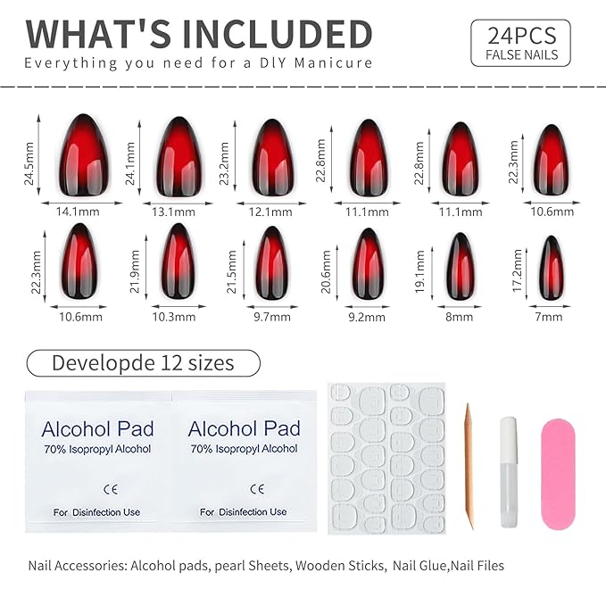 Medium Almond Press On Nails – Red and Black Gradient Glossy Acrylic Fake Nails, 24PCS Reusable Stick On Nails Kit with Glue & Tools for Women, Shiny Vampire Ombre Nails for Party & Everyday Wear