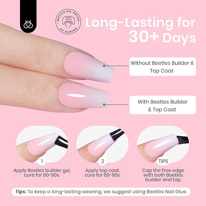 Beetles Ombre French Gel Nail Tips: 210Pcs Pink Press On Nails Short Coffin Kit Gifts for Women Fit Perfectly Nail 4 in 1 Pre-applied Tip Primer & Base Coat for Nail Extension Designs