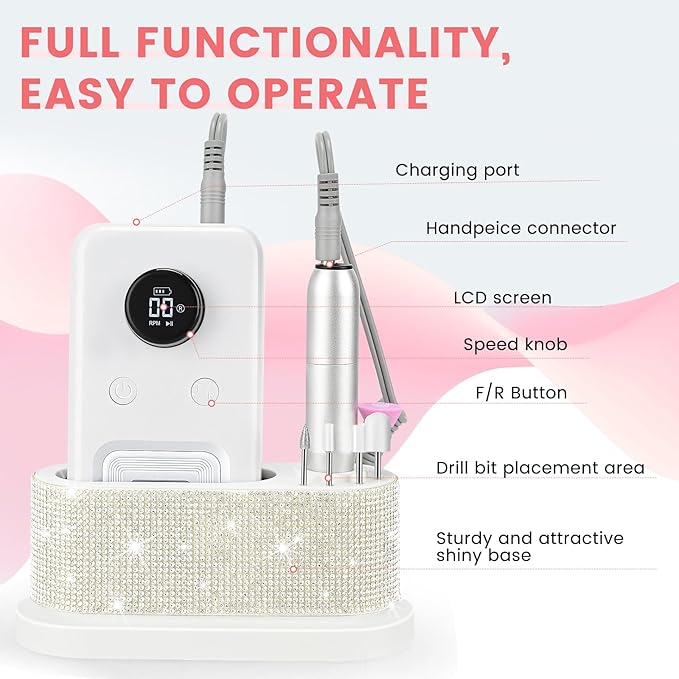 Electric Nail Drill Professional, 45,000RPM Electric Nail File with 12 Drill Bits & 50 Sanding Bands,Rechargeable Long Battery Life, Low Noise Cordless Nail Drills Machine,Efile Nail Drill Kit