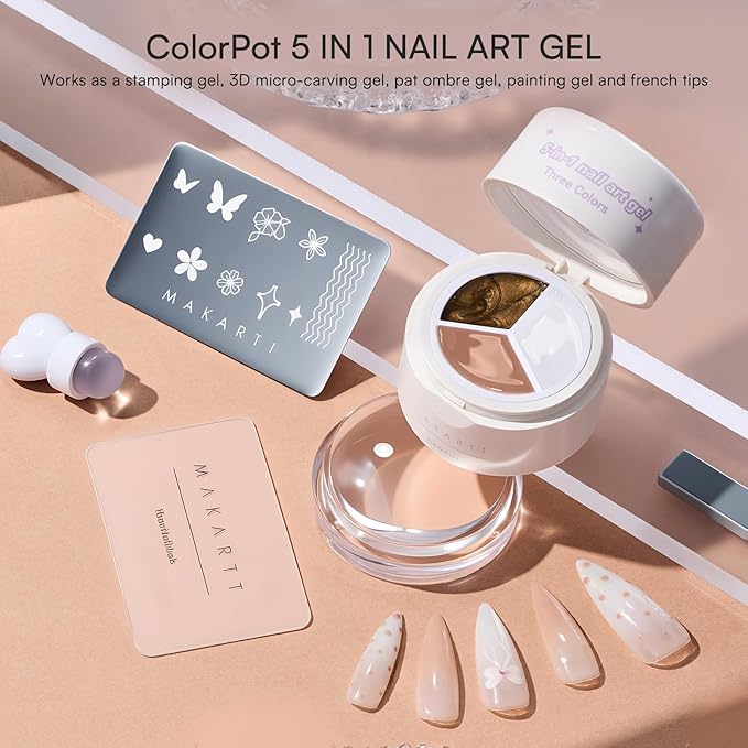 Makartt 5-in-1 Nail Art Gel: ColorPot 3 Colors Gel Nail Polish No Wipe with Nail Stamp for French Tips, Stamping, Ombre Patting, Painting & 3d Micro-Sculpting with Silicone Head for Diy Home Salon Use