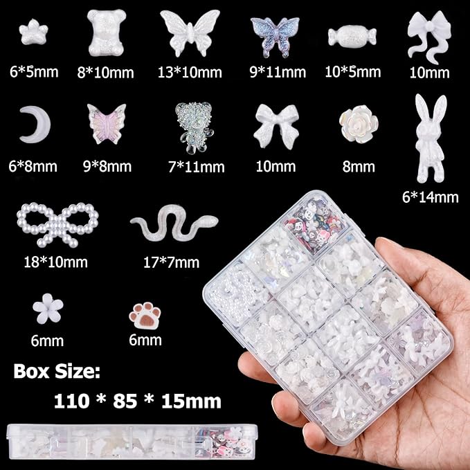 850 Pieces 3D Butterfly Rose Flower Bow Rabbit Bear Nail Charms Kit with Nail Art Rhinestones Pearls Crystal Gems Nail Slices for Manicure DIY Crafts Jewelry Accessories (White)