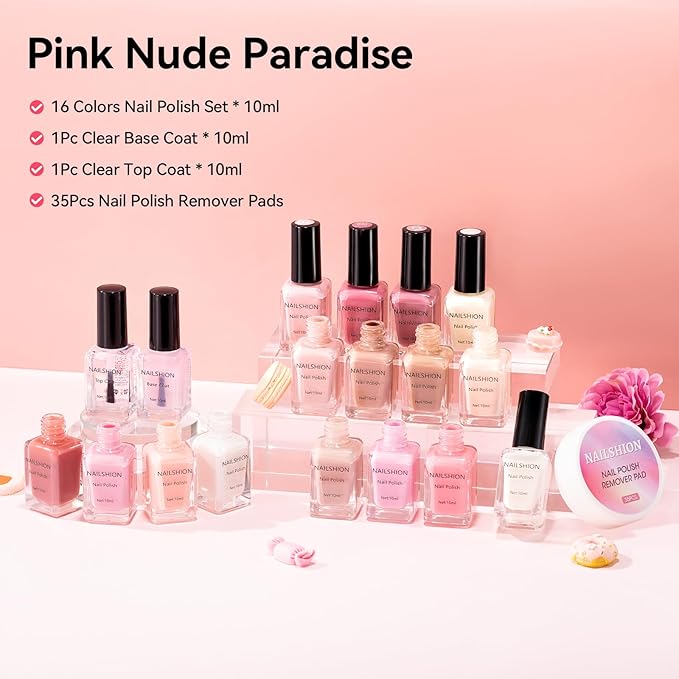 Neutral Collections Nail Polish Set with Base-Top Coat 16 Colors Nude Pink Peach Milky Rose Beige Skin Tones Fingernail Polish with Remover Pads, Salon Home DIY Nail Art Manicure Gift