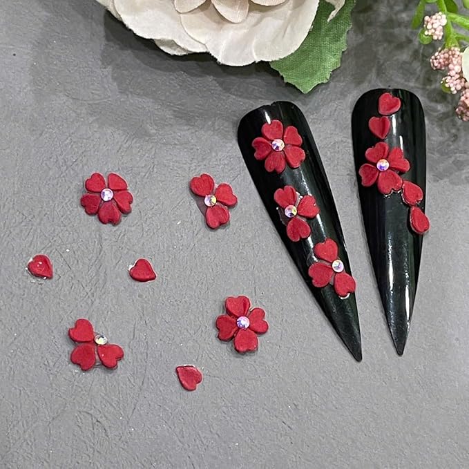 Set Red 3D Flowers for Nails, Handmade 3D Acrylic Flowers for Valentine Nails, Flower Nail Charms Rhinestones Gems by Acrylic Powder Design Deco Nail Art Women Girls (Red Heart)