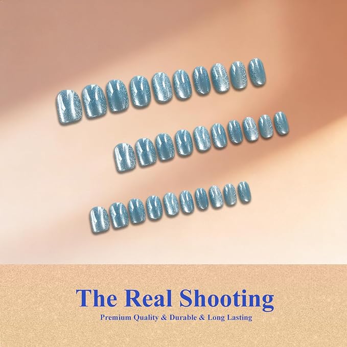 Cat Eye Press on Nails Short, Chrome Press on Nails Oval, Thick Glazed Pastel Light Blue Fake Nails Press ons for Women, Reusable Magnet Bling Glitter Glue On Nails Almond in 15 Sizes, 30 Pcs