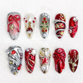 10Pcs Christmas Handmade Press on Nails Medium Almond Fake Nails Red Silver Y2k False Nails with Elk Xmas Trees Gems Design 3D Bow Star Stick on Nails Winter Glitter Full Cover Glue on Nail for Women