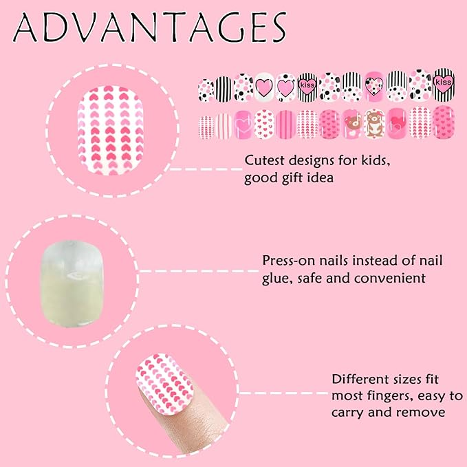 Laza 72pcs Children Nails Press On Pre-glue Full Cover Pink Heart Blue Short False Nail Kits for Kids Teenager Girls - Cute Bear