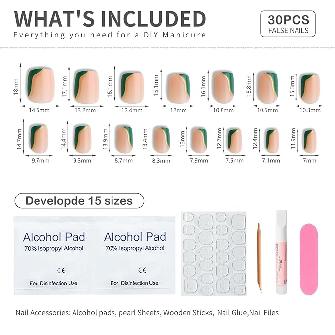 Fall Press On Nails Short Square Nude Fake Nails Green with Gold Stripes Fake Nails Fashion Glossy Acrylic Press ons Nail Gel Stick On Nails Set Glue on Nails for Women & Girls 30Pcs