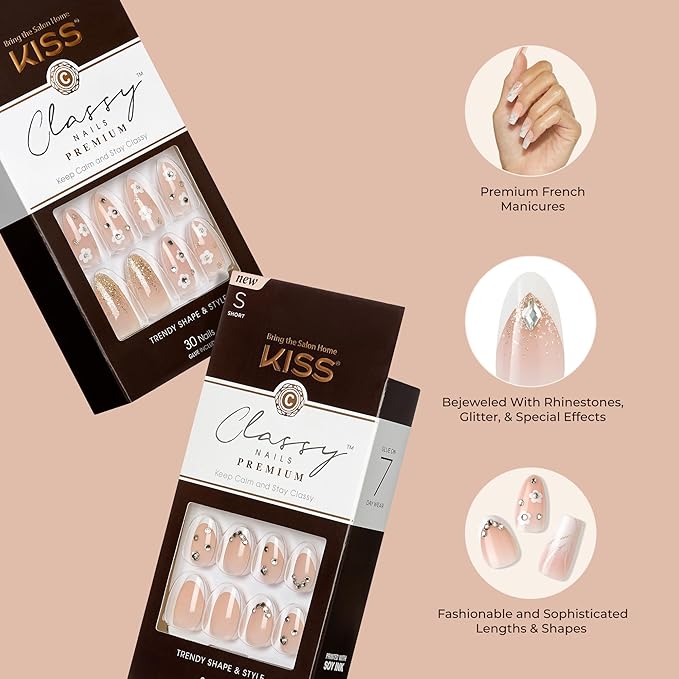 KISS Classy, Press On Nails, Nail glue included, 'Stunning!', French, Long Size, Square Shape, Includes 30 Nails, 2g Glue, 1 Manicure Stick, 1 Mini file