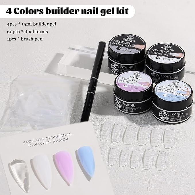 Builder Gel for Nails, 4 Colors Thickening Builder Nail Gel Clear Milky White Baby Blue Camouflage Apex Building Nail Strengthener Gels Kit with Brush Pen Dual Forms UV Cure Extension Manicure
