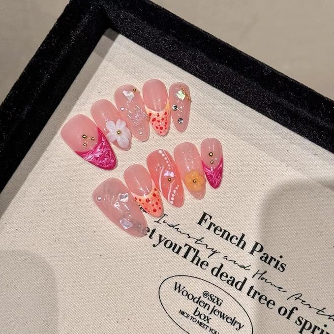Press-On Nails Set, Pink Pearl Floral Design with Rhinestones, Artificial Nail Tips (Pink, Short)