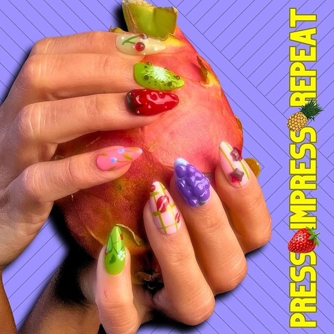 ARYANA NEW YORK Handmade Summer Press-On Nails – 3D Floral False Nails, Medium Almond Shape, French Tip with Glossy Black Beads | Les Fruits Collection for Women Les Fruits Collection - (Medium)