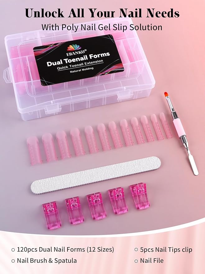 EBANKU Poly Gel Toe Nail Form Set, Reusable Toenails Dual Forms for Nail Extensions, Pink Poly Gel Toe Nail Tips with Dual-Ended Brush and Nail File, 5PCS Clips - 12 Sizes 120PCS