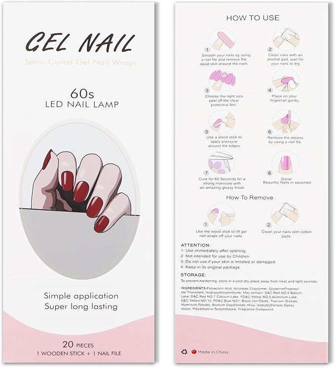 JMEOWIO Gel Nail Stickers Red Semi Cured Gel Nail Strips Wraps UV/LED Nail Supplies Nail Art Design Decoration Accessories