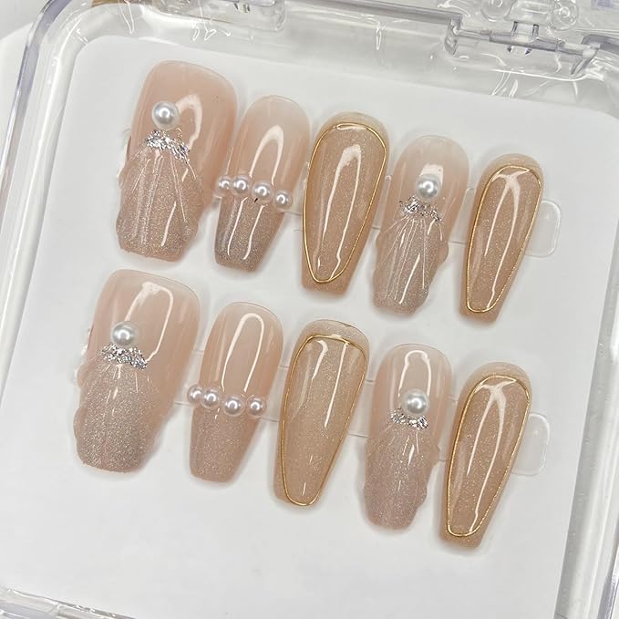 Handmade Press on Nails Glitter Gradient Press on Nails Medium Coffin False Nails Designs White Pearl 3D Water Ripple Fake Nails Glossy Full Cover Artificial Acrylic Nails for Women (Size M)