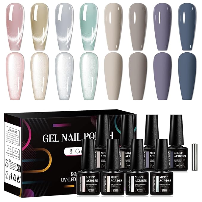 MEET ACROSS 8pcs Gel Nail Polish Set, Soak off UV LED Lamp Gel Nail Polish Cat Eye Set Home Gel Manicure Kit 7ml (Cat Eye + color Gel-3)