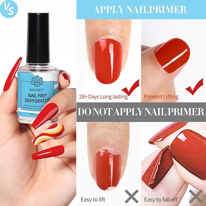 BORN PRETTY Nail Dehydrate and Primer, 15ml Dehydrator for Acrylic and Gel Nail Polish, Non Acid Primer for U V Gels, No Burn Fast Air Dry Nail Prep Dehydrator Set, 0.5oz
