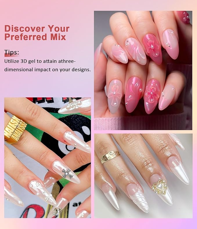 Chrome Nail Powder and 3D Nail Gel Kit BISHENGYF: 15g No Wipe 3D Sculpting Gel Aurora Mermaild Pink White Pearl Chrome Nail Powder with Clear 3D Carving Nail Molding Glue Set for Nail Art Decoration