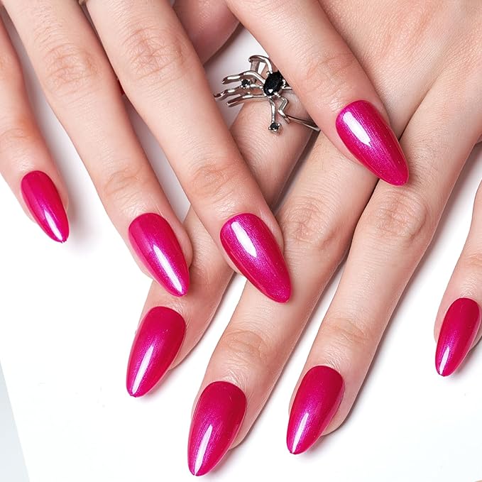 GLAMERMAID Hot Pink Press on Nails Medium Almond, Handmade Pearl Pink Red Neutral Jelly Sofy Gel Glue on Nail Stiletto, Glossy Fake Nails Short Oval，Reusable Acrylic Stick on False Nail Kits for Women