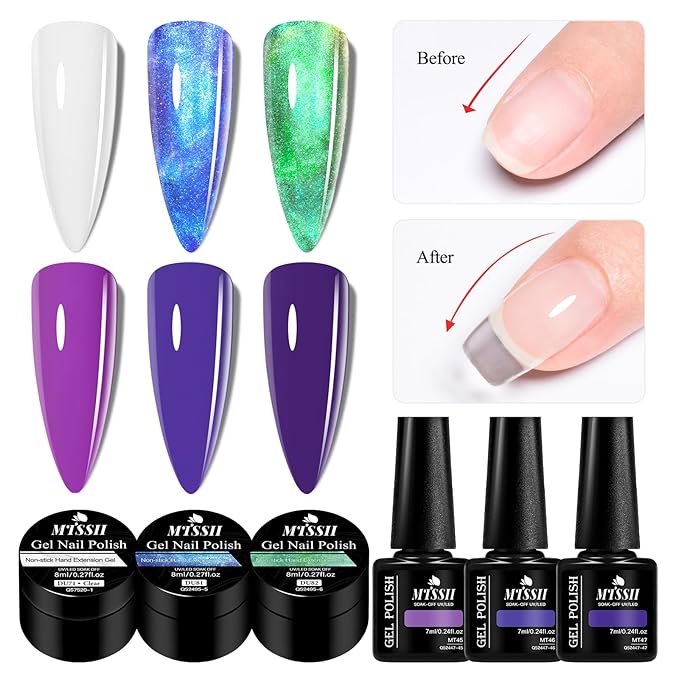 MTSSII 3d Gel Nail Art Set: White Aurora Blue Green Non Stick Hand Solid Builder Gel All-in-1 Kit for Carving Extension Blue Purple Nail Polish Home DIY