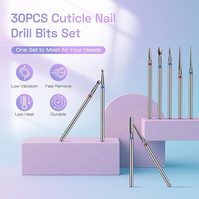 30PCS Cuticle Nail Drill Bits Set: 3/32'' Nail Bits for Acrylic Gel Nail Prep Contain Flame/Ball/Needle/Safety Shape Heads, Remover Tools Efile Bits for Salon Home Manicure Pedicure Nail Tech