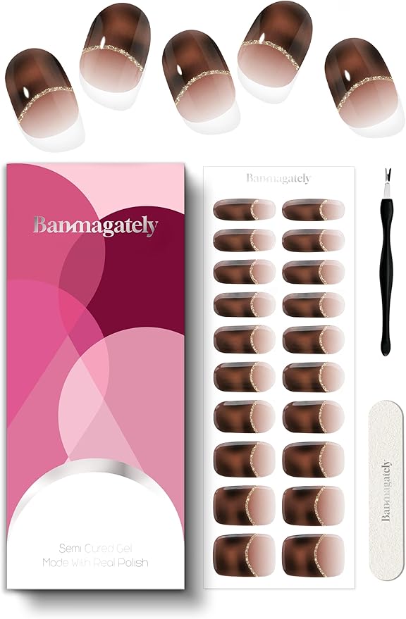 Semi Cured Gel Nail Strips, 20Pcs Long Lasting Salon Quality Wraps, Easy Apply & Remove Gel Nail Stickers with UV Light (Peachy Amber Brown)
