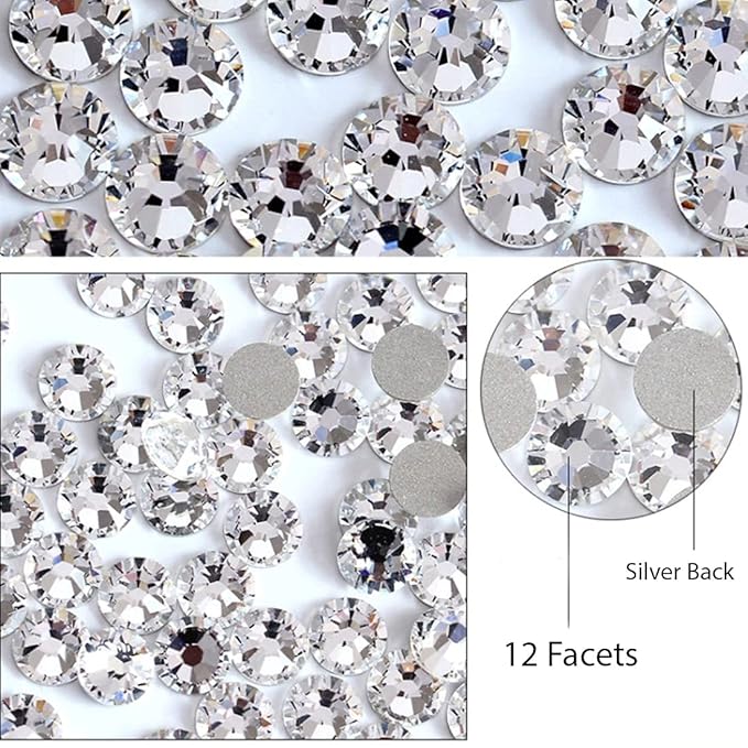 Over 2100 Pieces Gold Plated Flat Back Glass Rhinestones Crystals for Nail Art Kit 6 Sizes (1.4mm - 4.8mm)