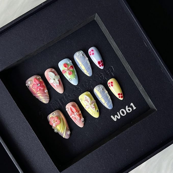 Handmade Press on Nails Luxury 3D Flower Pearl Acrylic Nails Designs Almond Medium Fake Nails Muti-Layer Gel Full Cover French Tips Thick Stick on Nail Gradient False Nails for Women and Girls (M)