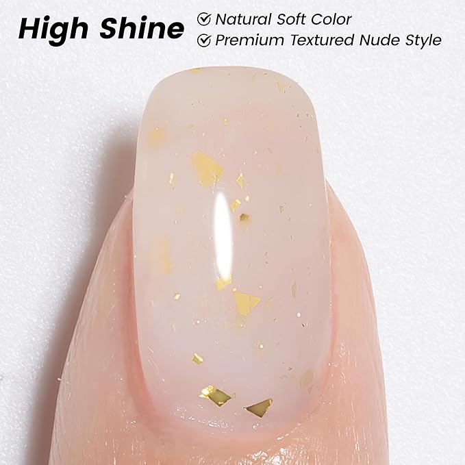 YTD Likomey Nude Gel Nail Polish,15ml Milky White Gold Foil Translucent Neutral Jelly Sheer Gold Flakes Glitter Salon Home DIY Nails Art Manicure UV Nail Gel Varnish,LS10