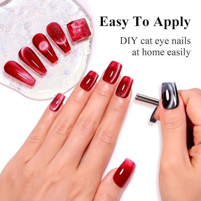 Imtiti Cat Eye Gel Nail Polish, 15ml Blood Red Crystal Glitter Cat Eye Magnetic Gel Nail Polish With Magnet, Holographic Galaxy Sparkly Soak Off UV Led Manicure Nail Salon Kit