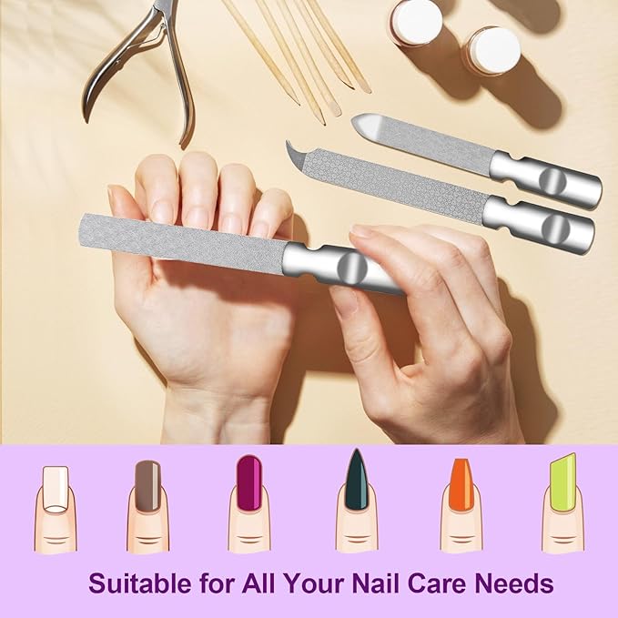 Stainless Steel Nail File (3 Pack) for Natural Nails, Metal Nail Files with Sharp Pointed Tip Fingernail File Sheath Case Double Sided Reusable Flat File Manicure Tool Home Salon Travel Use Men Women