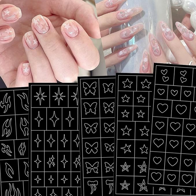 6 Sheets Heart Flower Nail Guides 3D Flame Heart Butterfly Star Nail Art Stickers Airbrush Nail Stencils Stickers Supplies Hollow Guides Nail Decals for Women Acrylic Nails Decoration Stencil Tools